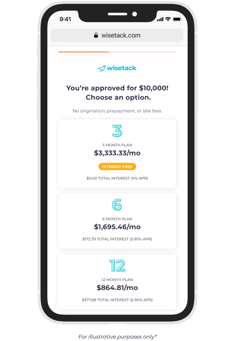 Wisetack product - offer screen - $10,000