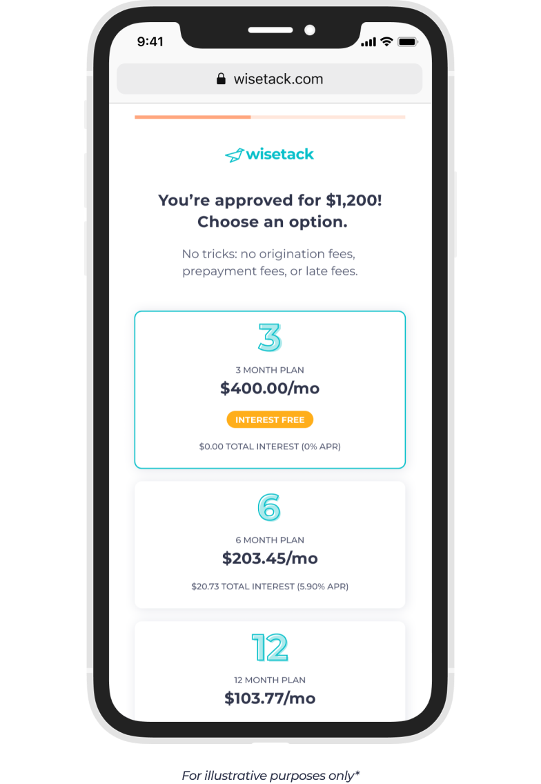 Wisetack product - offer screen - $1,200